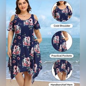 PinUp Fashion Plus Size Cold Shoulder Handkerchief Hem Midi Dress Pocket Floral